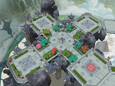 Ancient Architectural Complex Featuring Symmetrical Courtyards Traditional Pavilions and Rocky Landscapes 3d model