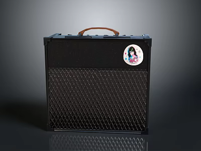 Portable Black Electronic Speaker With Brown Handle Mesh Design And Sticker 3d model