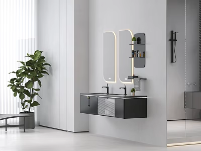 Modern Bathroom Wall Mounted Sink Design With Backlit Mirror And Potted Plant 3d model
