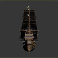 Vintage Sailing Ship Model with Wooden Hull Multiple Masts Detailed Sails and Dark Background Reflection