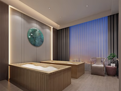Modern Spa Room Interior Design With Wooden Bathtubs Large Window Armchair And Potted Plant 3d model