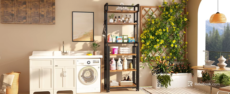 Bathroom Storage Shelf With Metal Frame Multiple Tiers Toiletries And Potted Plants 3d model 