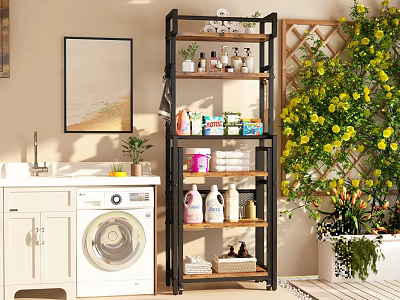 Bathroom Storage Shelf With Metal Frame Multiple Tiers Toiletries And Potted Plants 3d model