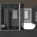 Modern Bathroom Interior Design With Glass Shower Enclosure White Bathtub And Window Blinds