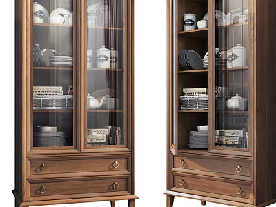 Wooden Display Cabinets With Glass Doors And Dinnerware Plates Cups Teapots 3d model