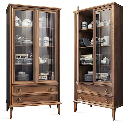 Wooden Display Cabinets With Glass Doors And Dinnerware Plates Cups Teapots 3d model