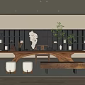 Modern Tea Room Interior Design With Long Wooden Table Bookshelves Sculpture Greenery And Wooden Floor