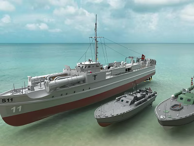 Large Warship S11 with Two Small Boats on Calm Ocean Under Cloudy Sky 3d model