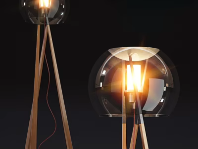 Modern Floor Lamps With Transparent Spherical Shades Wooden Legs And Warm Lighting 3d model