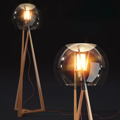 Modern Floor Lamps With Transparent Spherical Shades Wooden Legs And Warm Lighting 3d model