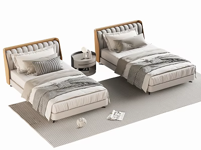 Modern Single Beds With Upholstered Headboards Nightstand Lamp And Linen Bedding On Rug 3d model