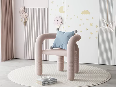 Pink Single Sofa With Blue Cushion On Round Rug And Star Moon Cloud Wall Decor 3d model