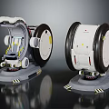 Two Futuristic Equipment Units With Large Wheels White Body Gray Base And Yellow Warning Stripes