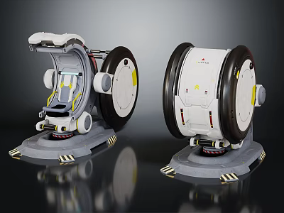 Two Futuristic Equipment Units With Large Wheels White Body Gray Base And Yellow Warning Stripes 3d model