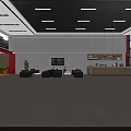 Spacious Service Hall With Black Leather Sofas White Coffee Tables Red Columns And Large Windows
