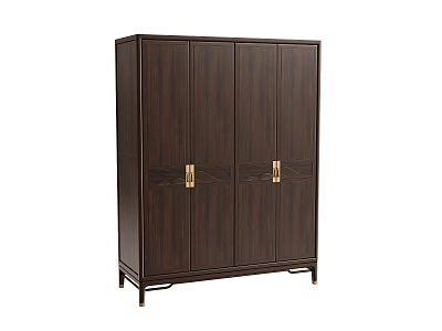Dark Brown Wooden Wardrobe With Four Doors And Gold Handles Design 3d model