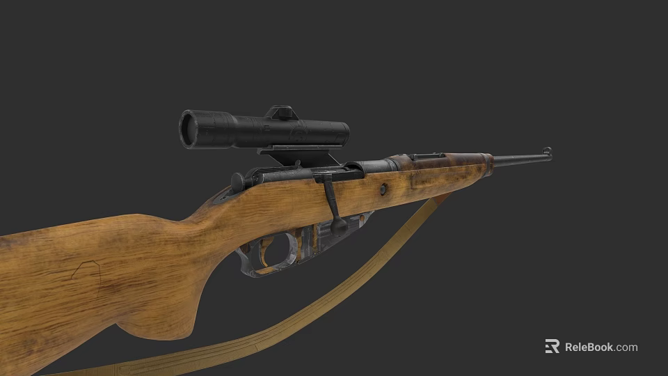 Classic Bolt Action Rifle Featuring Wooden Stock Scope And Leather Strap 3d model 