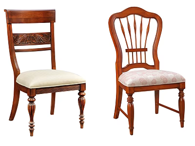 Wooden Dining Chairs Featuring Carved Slat Backrests Upholstered Seats And Decorative Legs 3d model