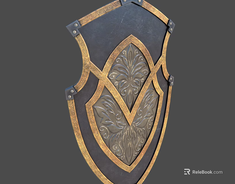 Medieval Decorative Shield With Golden Border And Intricate Floral Patterns 3d model 