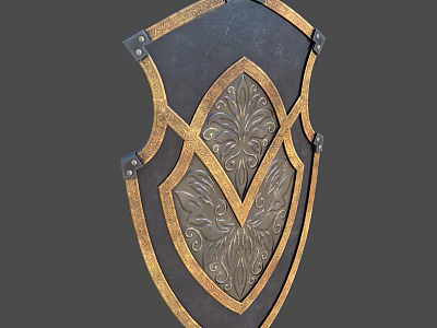 Medieval Decorative Shield With Golden Border And Intricate Floral Patterns 3d model