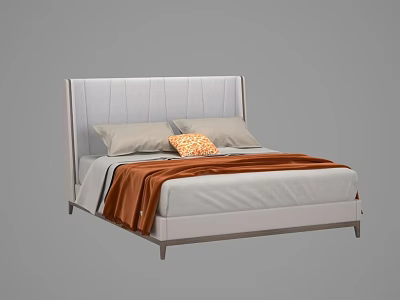 Modern Double Bed With Upholstered Gray Headboard Gray Pillows Orange Accent Pillow And Orange Blanket 3d model