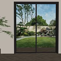 Black Frame Sliding Glass Doors With Garden Lawn Trees And Indoor Potted Plant