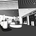 Modern Exhibition Hall with Striped Ceiling Wall Charts Display Platforms and Black Equipment