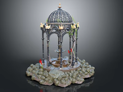 Ornate Black Metal Gazebo With Golden Decorations Central Fountain Surrounded By Rockery Stones And Plants 3d model