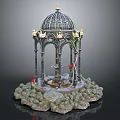 Ornate Black Metal Gazebo With Golden Decorations Central Fountain Surrounded By Rockery Stones And Plants