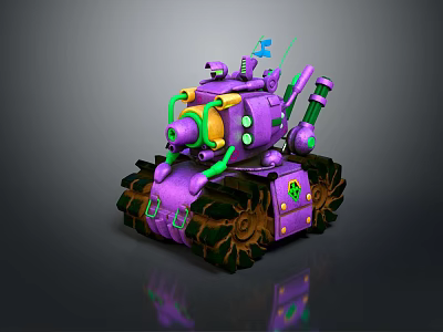 Purple Green And Yellow Military Tank With Mechanical Details Caterpillar Tracks And Gear Design 3d model