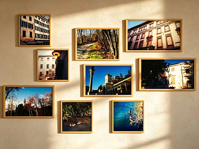 Photo Wall With Various Framed Photos Including Buildings Landscapes And Water Scenes 3d model