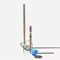 Croquet Sports Equipment Including Wooden Mallet Colored Stake Blue Ball and Wicket