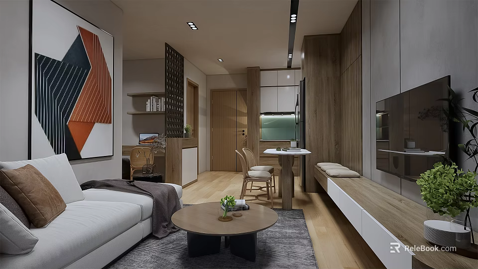 Modern Apartment Interior With White Sofa Coffee Table Wall Art And Wooden Elements 3d model 