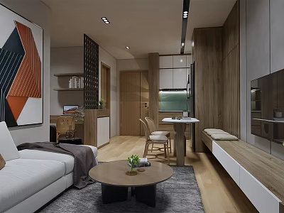Modern Apartment Interior With White Sofa Coffee Table Wall Art And Wooden Elements 3d model