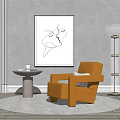 Modern Room With Orange Single Sofa On White Round Rug Wall Line Art Floor Lamp