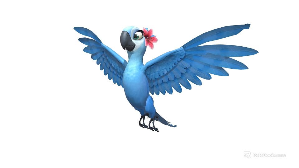 Blue Flying Parrot With Red Flower On Head And Spread Wings 3d model 