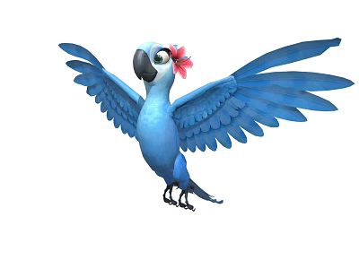 Blue Flying Parrot With Red Flower On Head And Spread Wings 3d model