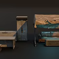 Worn Furniture Setup With Tattered Tent Cabinets Table Stool And Metal Frames