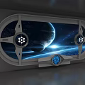Immersive Art Installation With Porthole Window Showing Planet Starry Sky And Control Panel Design