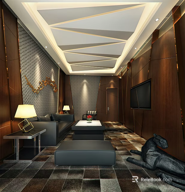 Hotel Public Lounge Area Featuring Dark Sofas Coffee Table TV Wooden Walls and Geometric Ceiling 3d model 