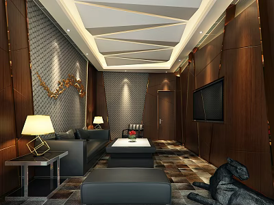 Hotel Public Lounge Area Featuring Dark Sofas Coffee Table TV Wooden Walls and Geometric Ceiling 3d model