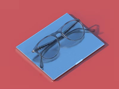 Modern Rectangular Glasses Neatly Placed On Blue Lined Notebook Against Red Background 3d model