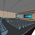 Spacious Conference Room Interior With Blue Seats Lectern Large Screen And Ceiling Lights 3d model