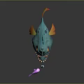 Teal angler fish featuring red fins sharp teeth and bioluminescent lure near purple pink fish