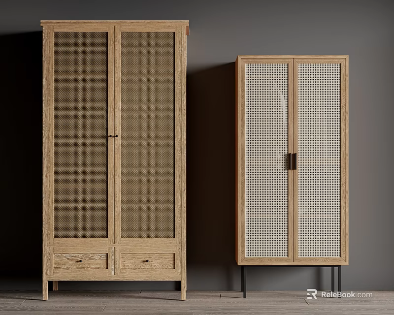 Minimalist Modern Wooden Wardrobe With Grid Patterned Doors Drawers And Metal Legs 3d model 