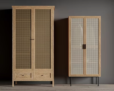 Minimalist Modern Wooden Wardrobe With Grid Patterned Doors Drawers And Metal Legs 3d model