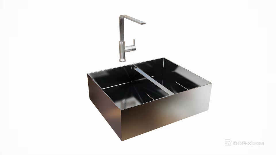 Stainless Steel Square Kitchen Sink With Modern Faucet And Single Bowl Design 3d model 