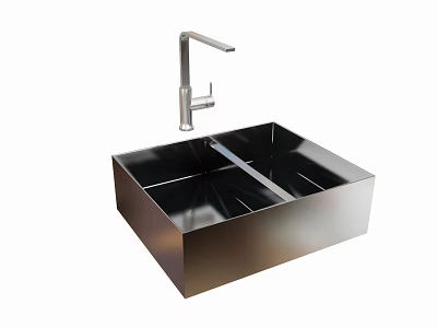 Stainless Steel Square Kitchen Sink With Modern Faucet And Single Bowl Design 3d model