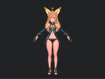 Anime Style Female Character with Blonde Hair Golden Fox Ears Black Blue Outfit 3D Model Design 3d model