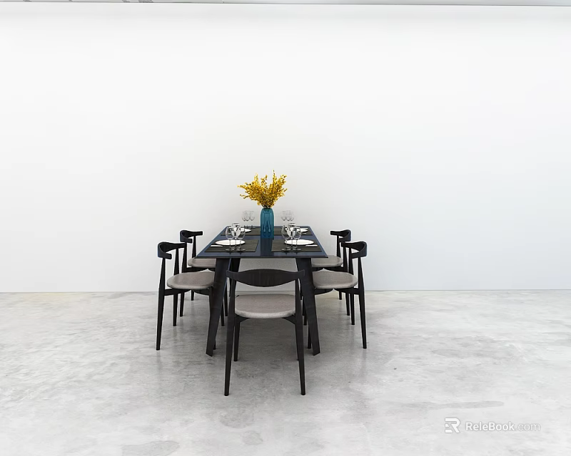 Minimalist Dining Table Set With Black Chairs Yellow Flowers And Tableware 3d model